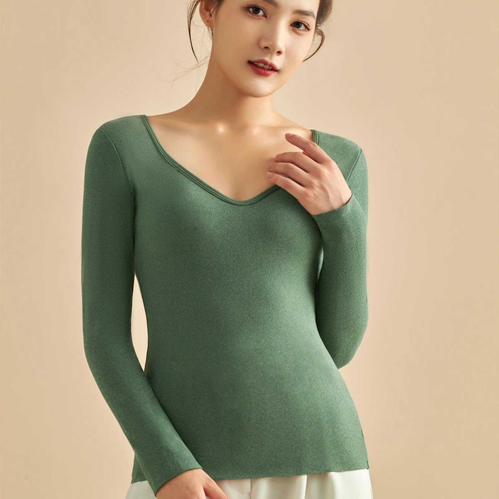 Maglia Termica Biancheria Termici Senza Cuciture A Maniche Lunghe da Donna con Cuscinetti Toracici-Cachi-m