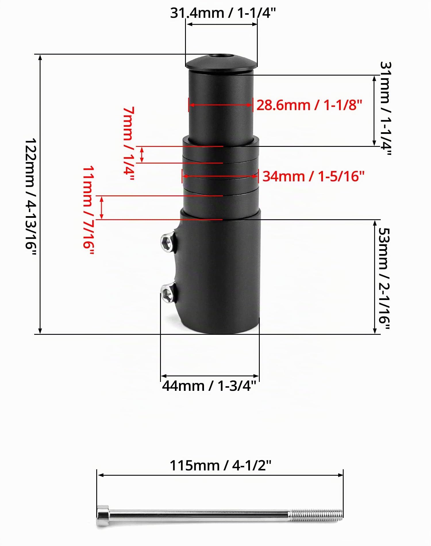 QWORK® Prolunga Manubrio Bici 124mm per Forcella 28,6mm, Prolunga Forcella MTB Lega di Alluminio