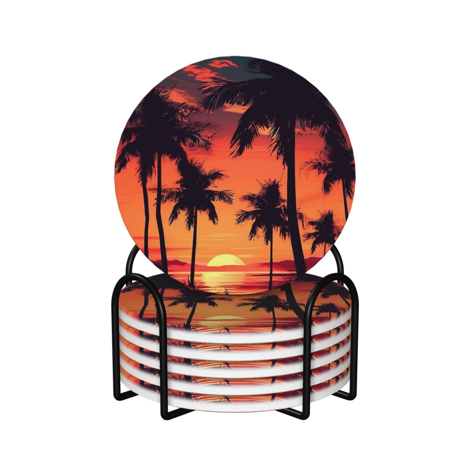 6Pcs Ceramics Coaster for Drinks, Palm Tree Summer Sunset Cup Coasters with Holder, Aesthetic Drink Coasters for Coffee Table, Absorbent Round Coaster for Tabletop Protection 4" Cup Mat Pad