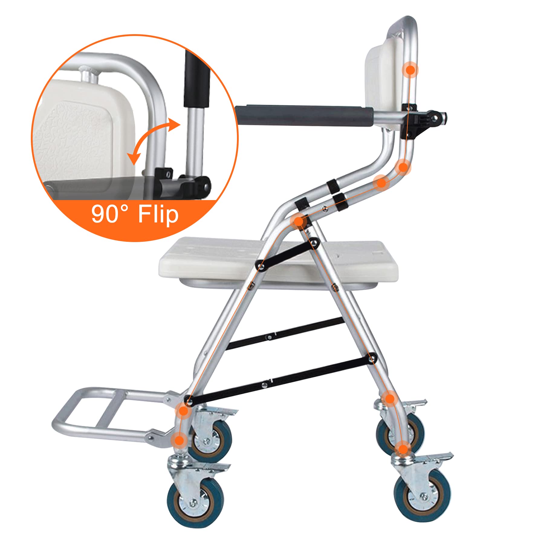 Sedia da Doccia per Anziani con Rotelle, Pieghevole, 120kg | Sedia Comoda per Anziani con Braccio, Sedia Bagno Disabili con Pedali Antiscivolo Pieghevoli, Ausilio Supporto per Anziani