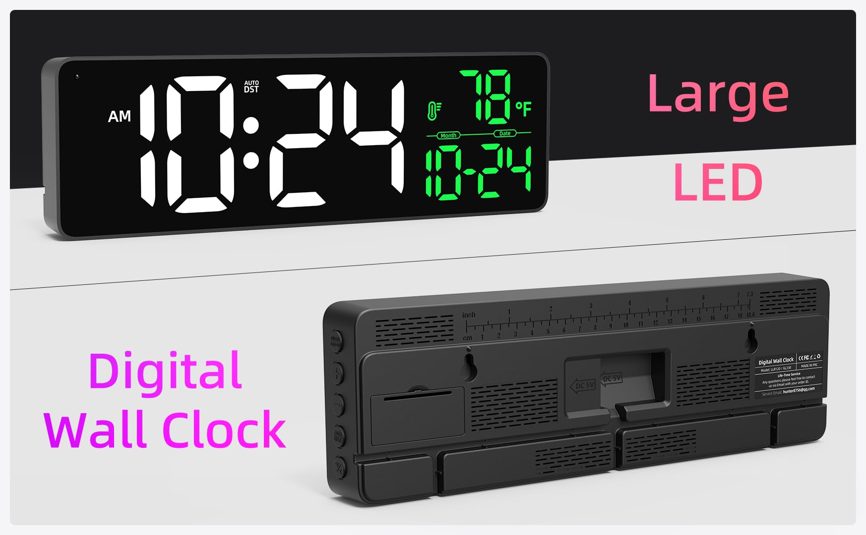Große LED-Digital-Wanduhr mit Datum, Temperatur, Auto-Helligkeit, Auto-DST | Große Digitaluhr für Schlafzimmer, Schreibtisch, Klassenzimmer, Wohnzimmer, Küche, Büro, Fitnessstudio, Bauernhaus