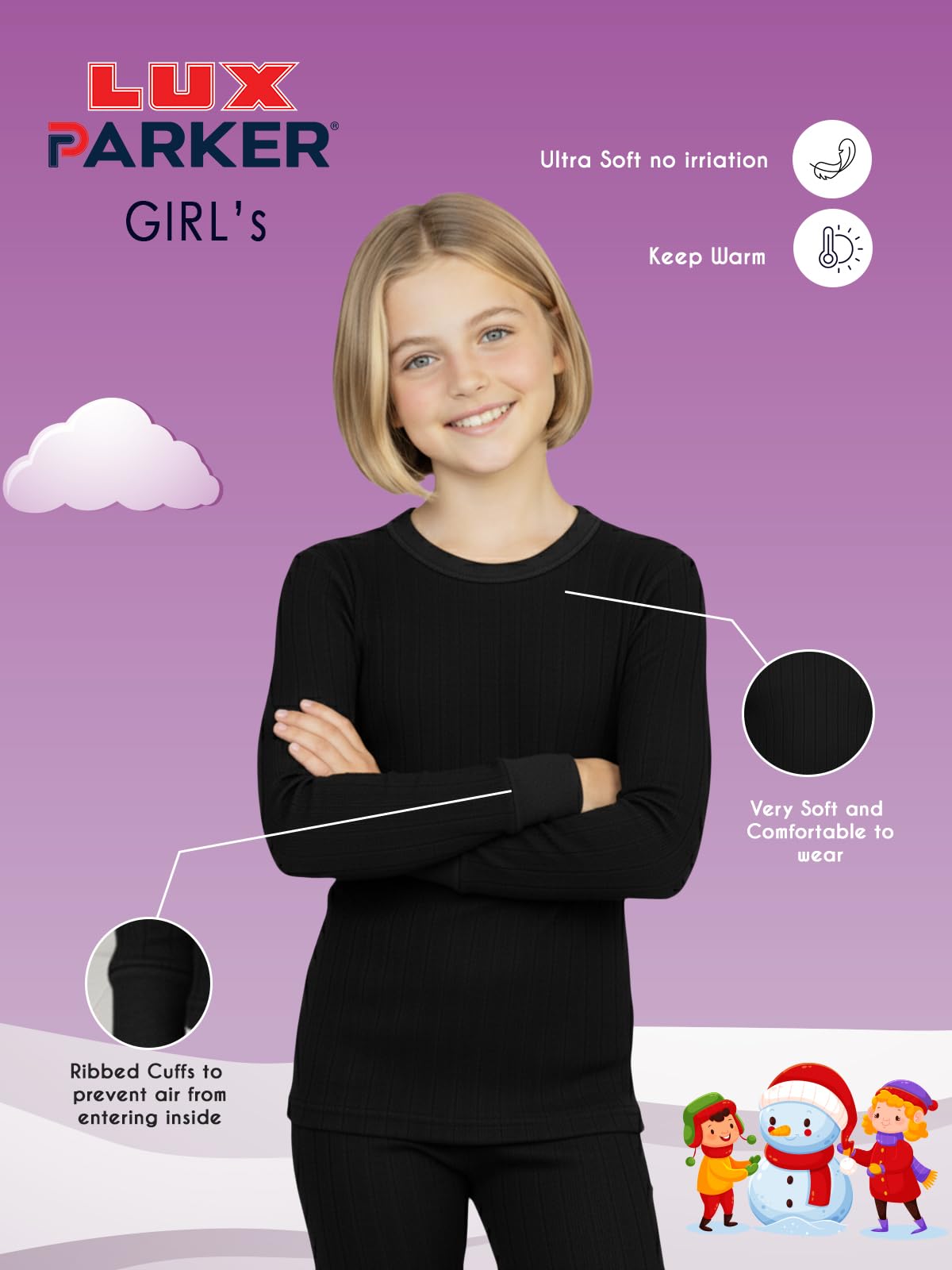 Lux Parker Girl's Round Neck Black Full Sleeves Thermal Top_Parker_Girls_TOP_BLK_70_2PC 1