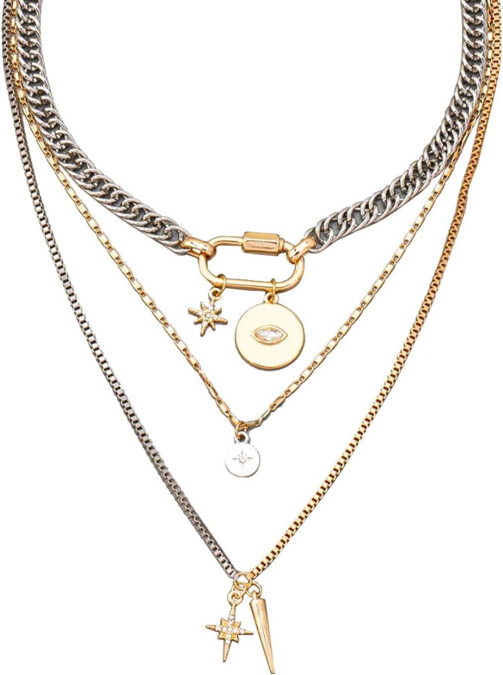 QCWN Gold Layered stacked Necklaces for women 3PS Chunky Statement Necklaces Stack Mixed Metal Charm Necklace for Women Trendy Coin Jewelry Gift for Her Gifts