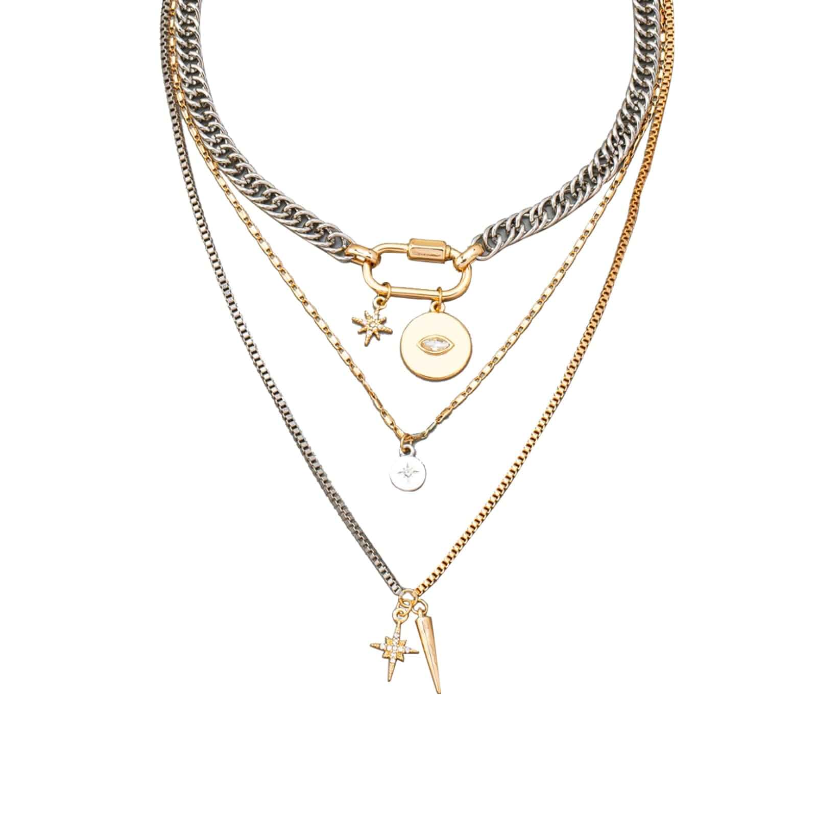 3 Pcs Layered Necklaces for Women, Stackable Statement Jewelry Trendy coin two-tone chains with chunky & dainty links, evil eye & carabiner. Wear alone daily or stacked for festivals.