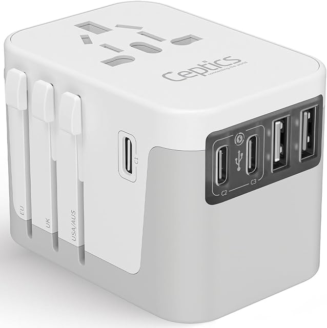 Ceptics 6 en 1 Adaptateur universel de voyage, sortie universelle w/ 2X USB-A et 3X USB-C 6A, Adaptateur d'alimentation de voyage pour utilisation dans EU, UK, US, AU et plus, Plug universel pour les mobiles, Ordinateurs portables- UP-30KU-WH