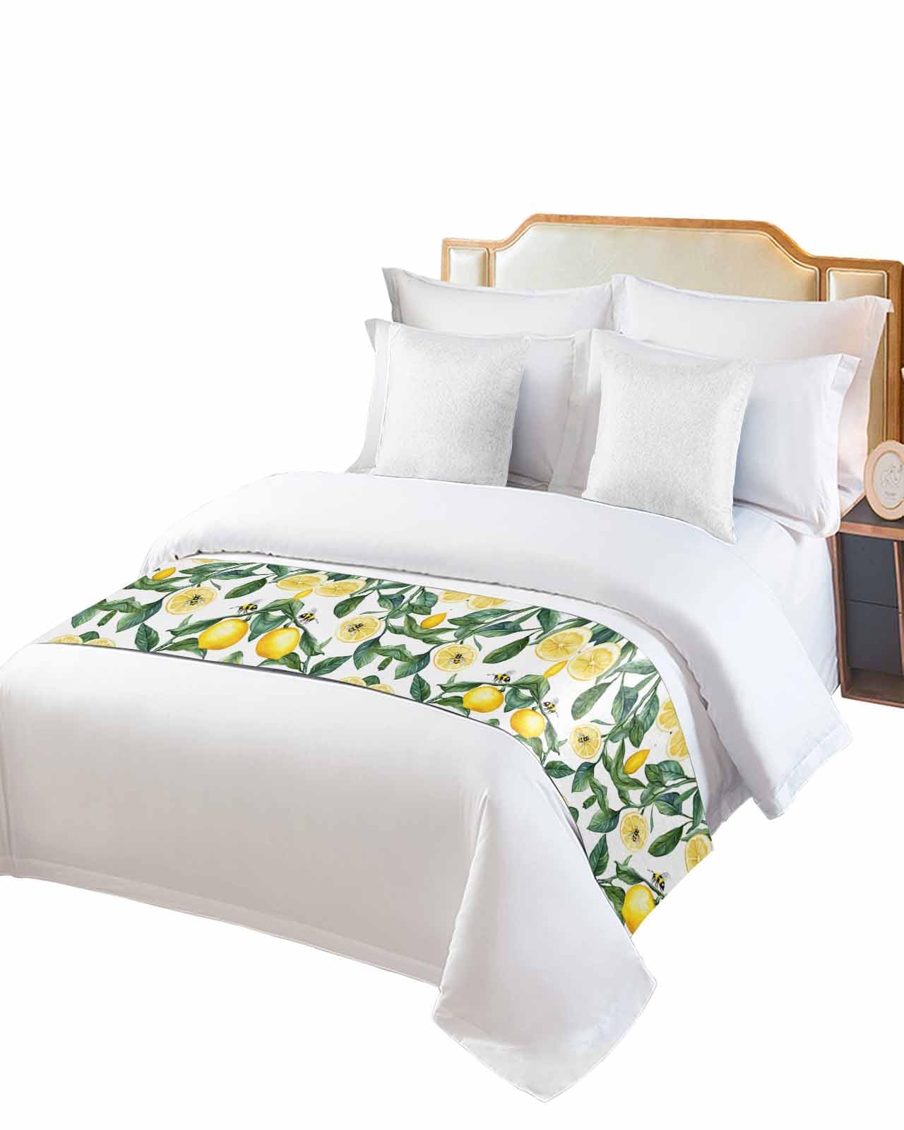 Summer Lemon Bed Runner for Twin Size, Watercolor Fruits Green Botanical Bedspread Protector Slipcover Bed Scarf for Foot Runners & Scarves for Bedroom Hotel Wedding Room 71x20 Inches