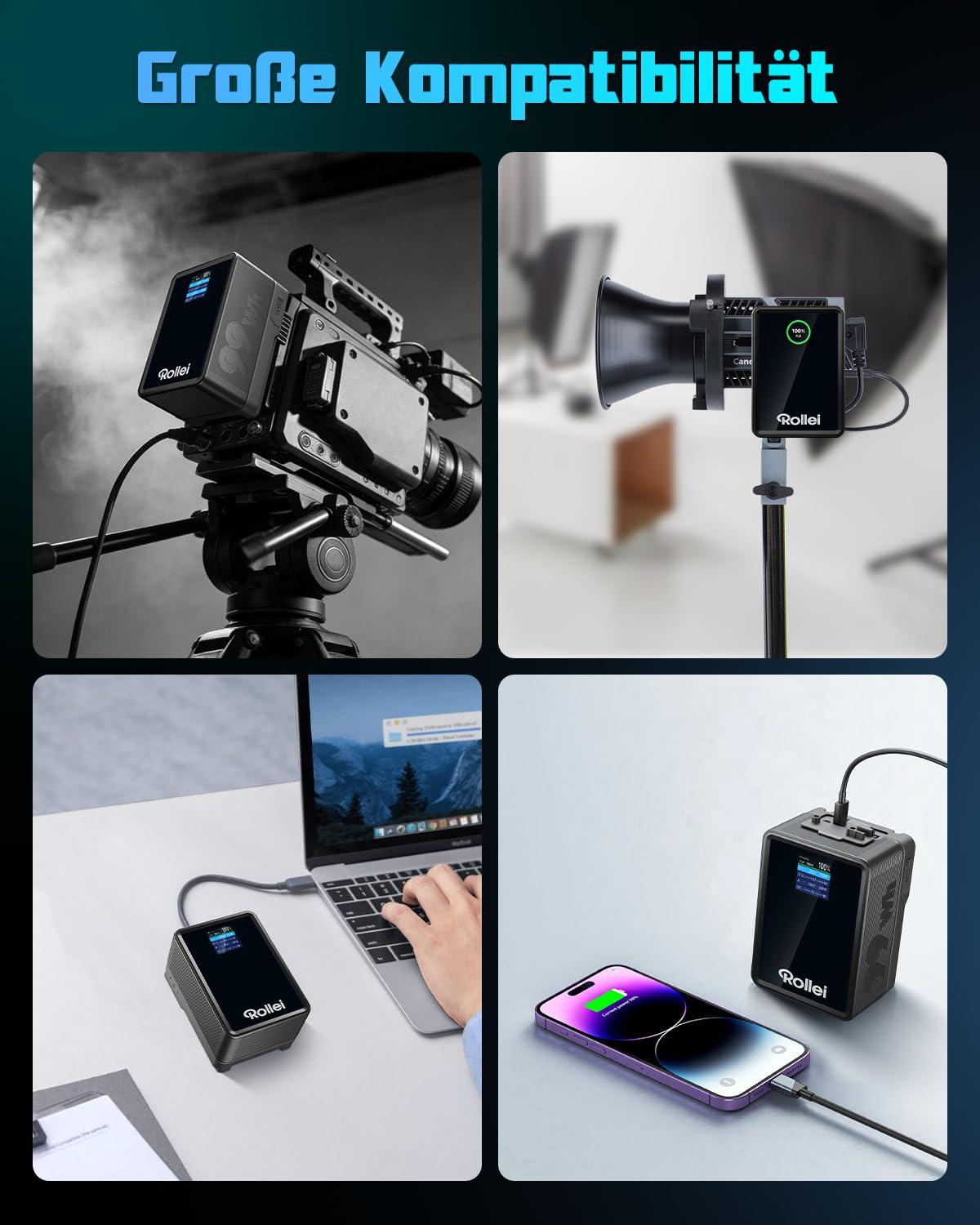 Rollei V-Mount Akku 99Wh V2 Pro 6400mAh/14.4V PD 100W USB-C Schnellladung | VLock Batterie mit Display & LED Licht Vmount Battery mit 2 USB-C/D-Tap/BP/USB-A/DC Anschlüsse für Camcorder Kamera