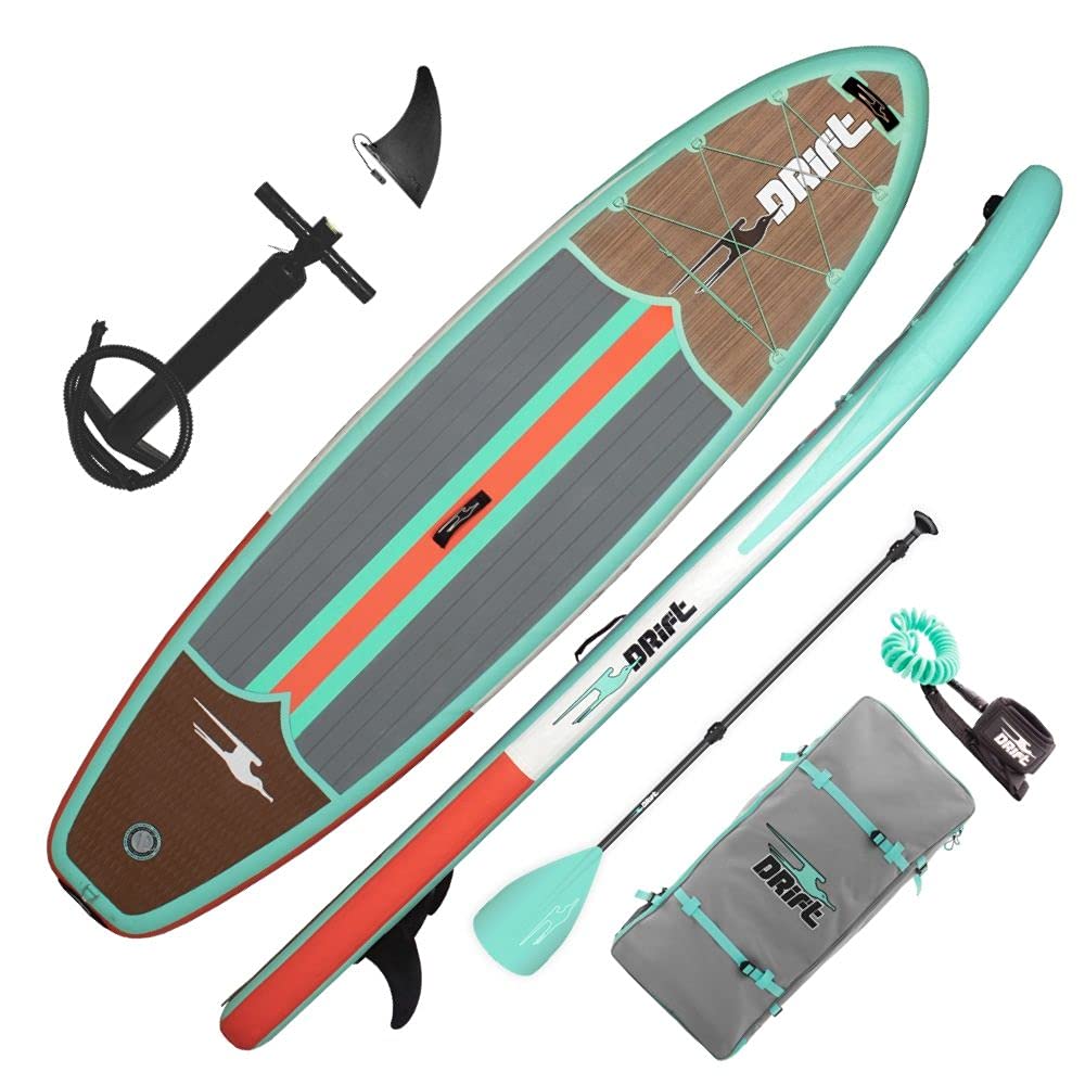 DRIFTInflatable Stand Up Paddle Board, SUP with Accessories | Coiled Leash, Pump, Lightweight Paddle, Fin & Backpack Travel Bag (Woodgrain)