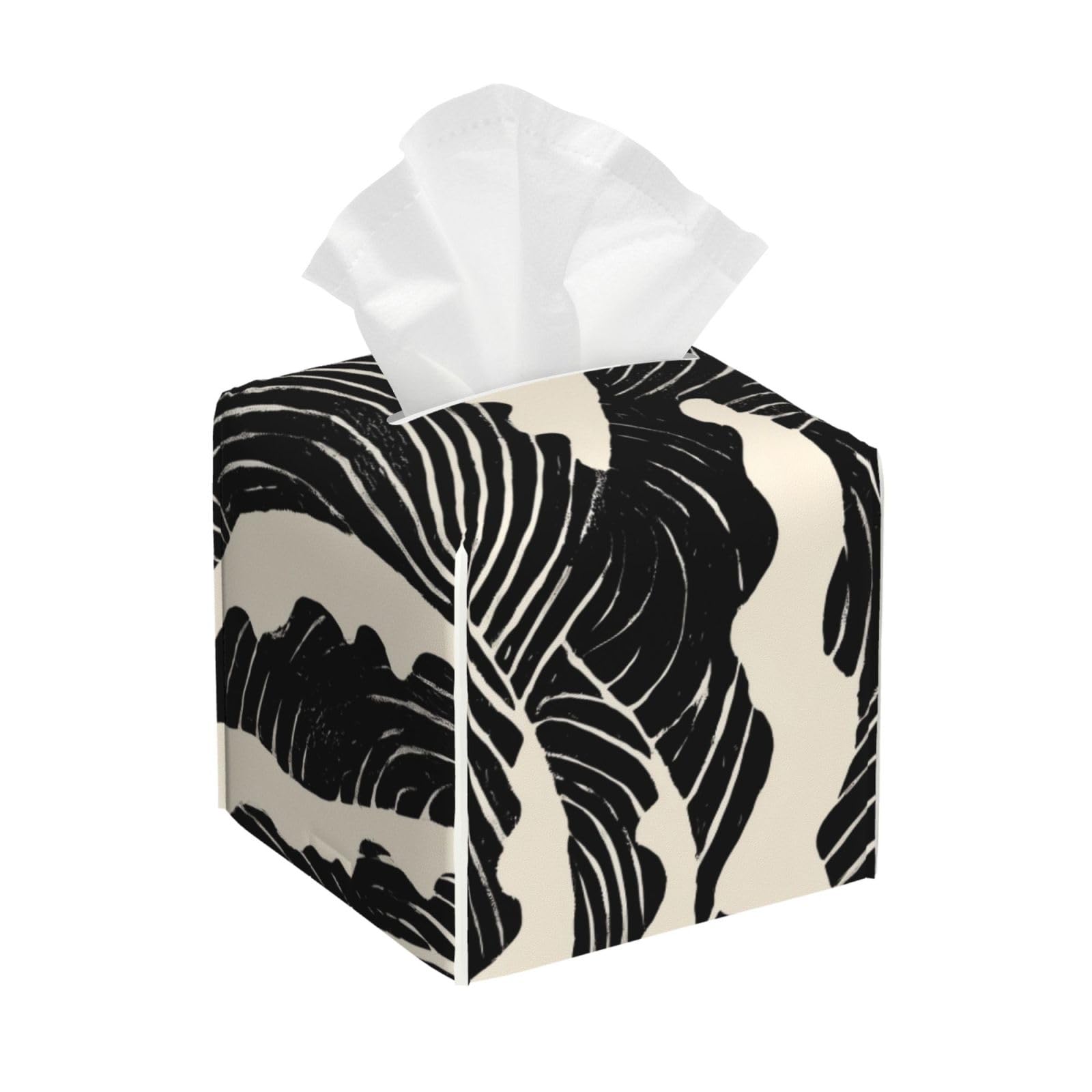 Sea Waves Black White Japanese Linocut Tissue Box Cover Square Pu Leather Waterproof Tissue Box Holder for Car Bathroom Bedroom Office Tabletop Decor