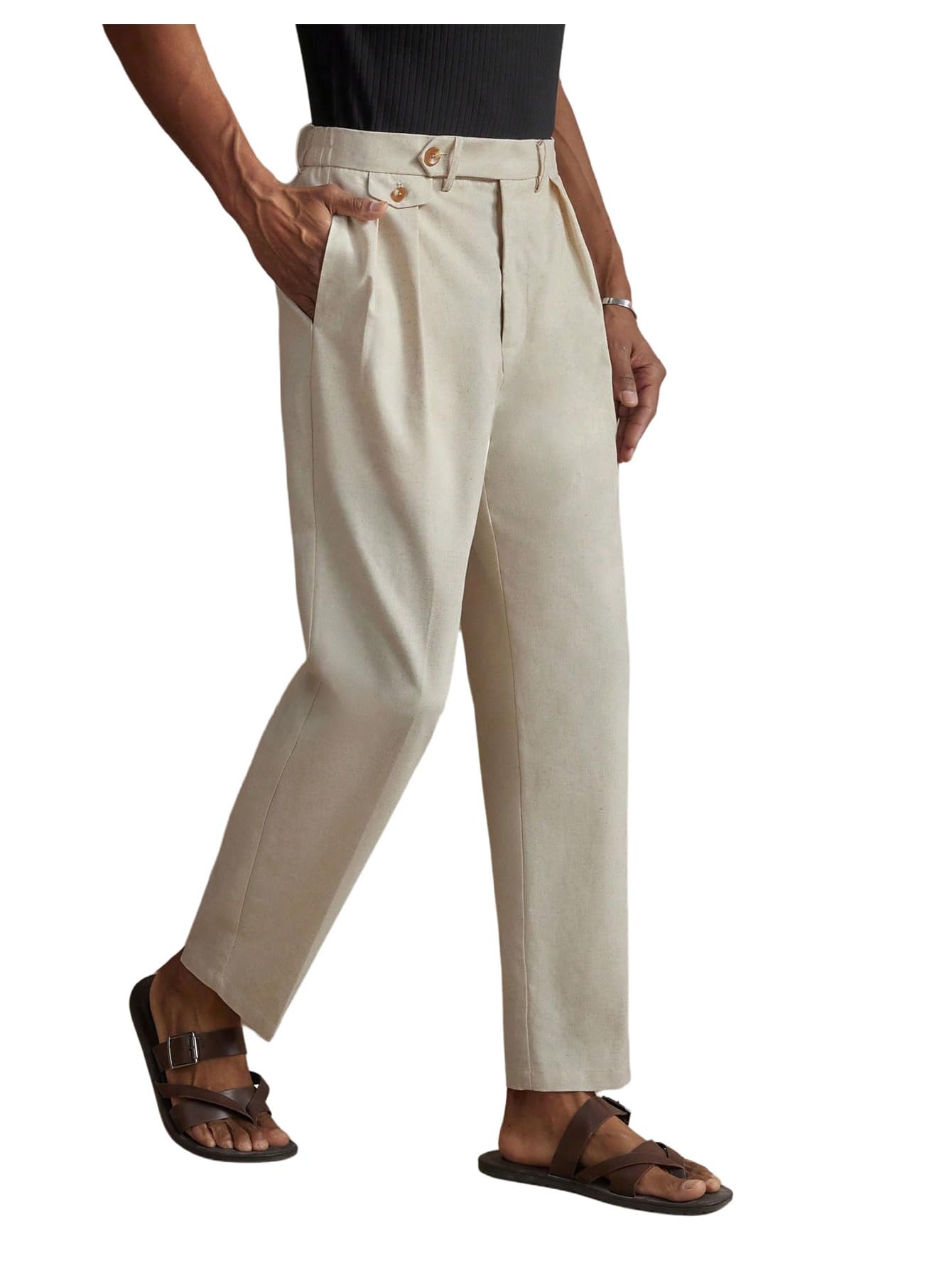 OYOANGLE Mens Casual Classic Fit Pleated Dress Pants Long Straight Leg Mid-Waist Elastic Pants