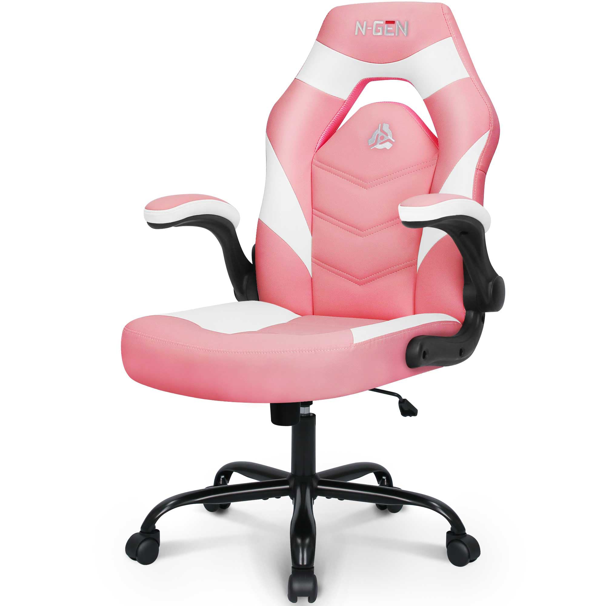 N-GEN GAMING Video Gaming Chair Ergonomic Office Desk Chair with Lumbar Support Adjustable Height Padded Flip Up Arms and Swivel Wheels Racing Style Design for Adults with PU Leather (Pink)