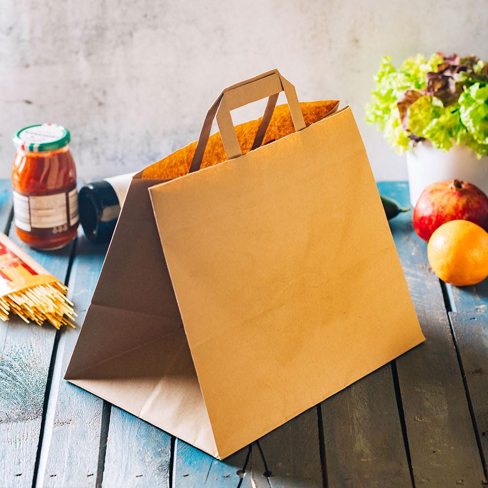 Torby papierowe BIOZOYG z płaskim uchwytem 80 g/m² 32x22x27cm I solidne torby papierowe kraft nośność 5-7 kg I XXL I Torby papierowe z płaskim dnem I brązowe 250 szt