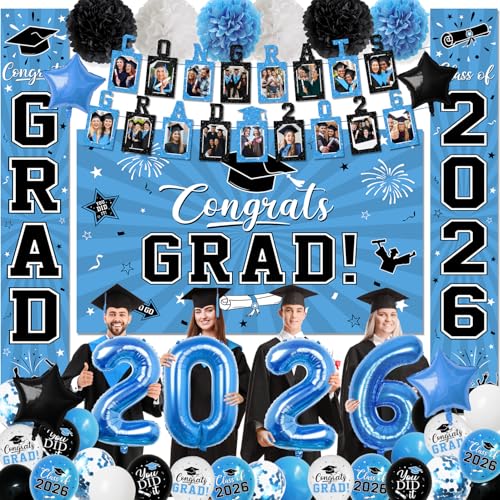 Image of 2026 Graduation Decorations, Light Blue Themed Class of 2026 Decorations Set, Congrats Grad Backdrop,Photo Banner,Door Banner,Balloons and Pom Poms Supplies for High School College Graduation Party