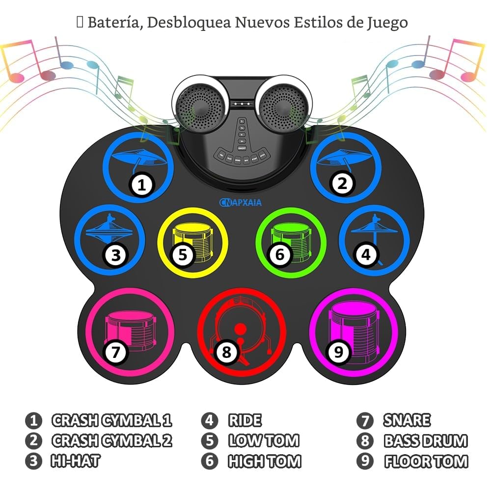 CNAPXAIA Batería Electrónica, 9 Pads Batería Musical Enrollable con Altavoz Incorporado/Bluetooth/MIDI, Set de Bateria Electrica Instrumentos Musicales para Infantil y Principiantes