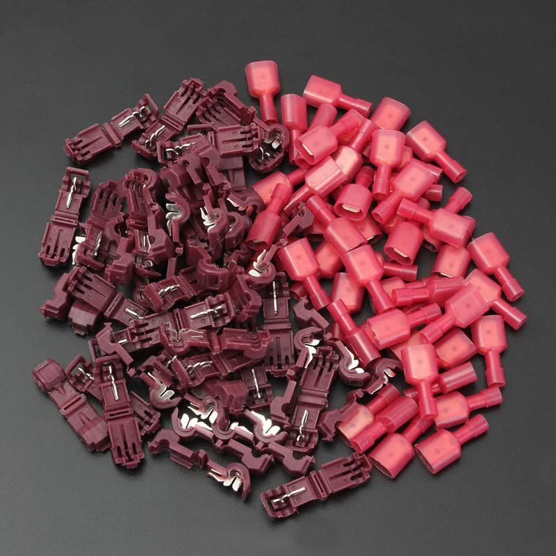 100 terminales de crimpado aislados en T rojos/macho, 0,5-1,5 mm2, conectores de terminal de cable de empalme rápido, combo de 22-18 AWG