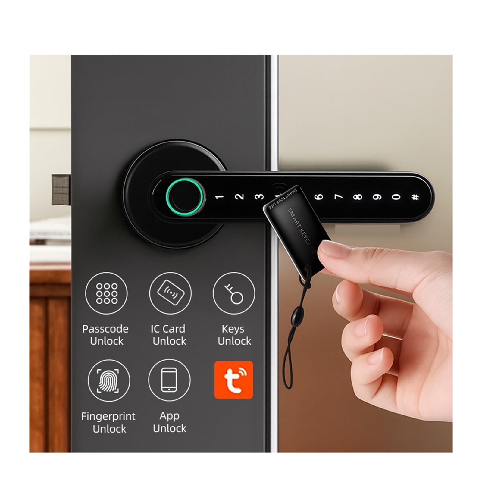 Tuya APP - Cerradura de puerta inteligente con huella dactilar, Bluetooth, teclado, tarjeta, cerradura de puerta de entrada con asa, para el hogar, apartamento, dormitorio