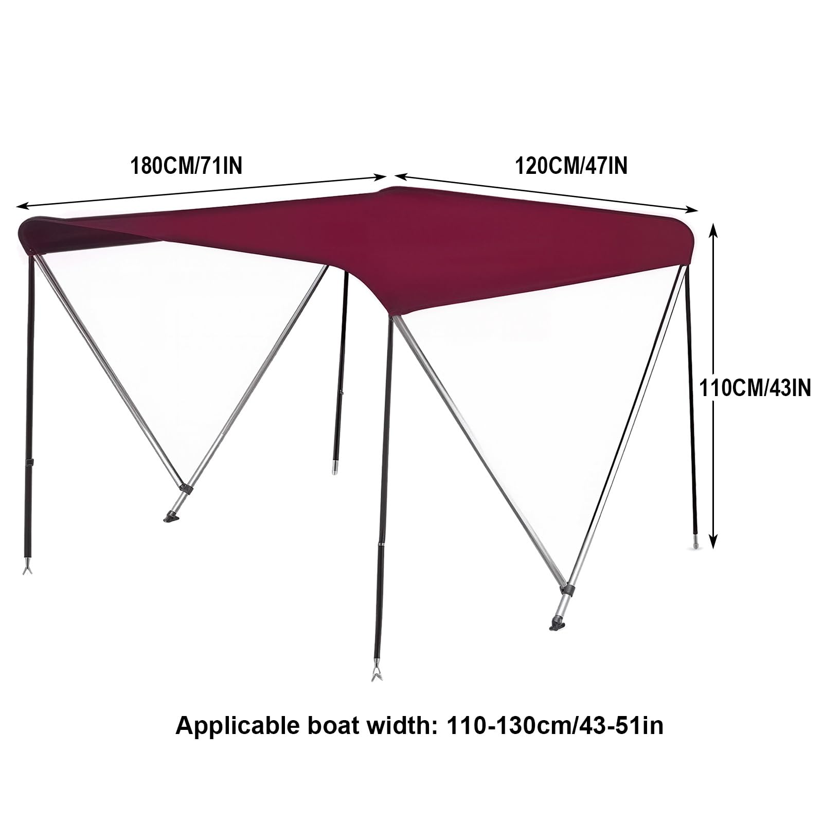 Tendalino Barca, Tendalino per Gommone 600D Oxford, Telaio Alu 1.7mm, Lunghezza 180cm, 3 Larghezze per Barca 110-170cm