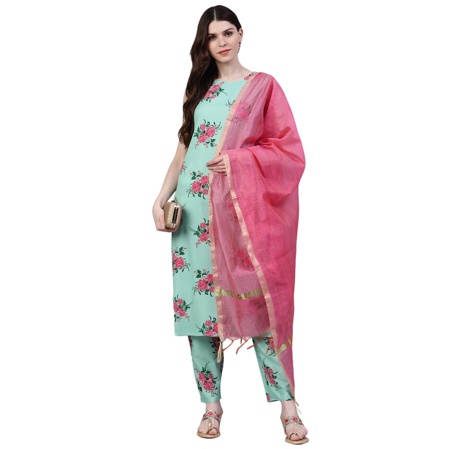 Stylum Women's Printed Rayon Straight Kurta Pant Dupatta Set (01Umkpdset40_Pastel Green, L)