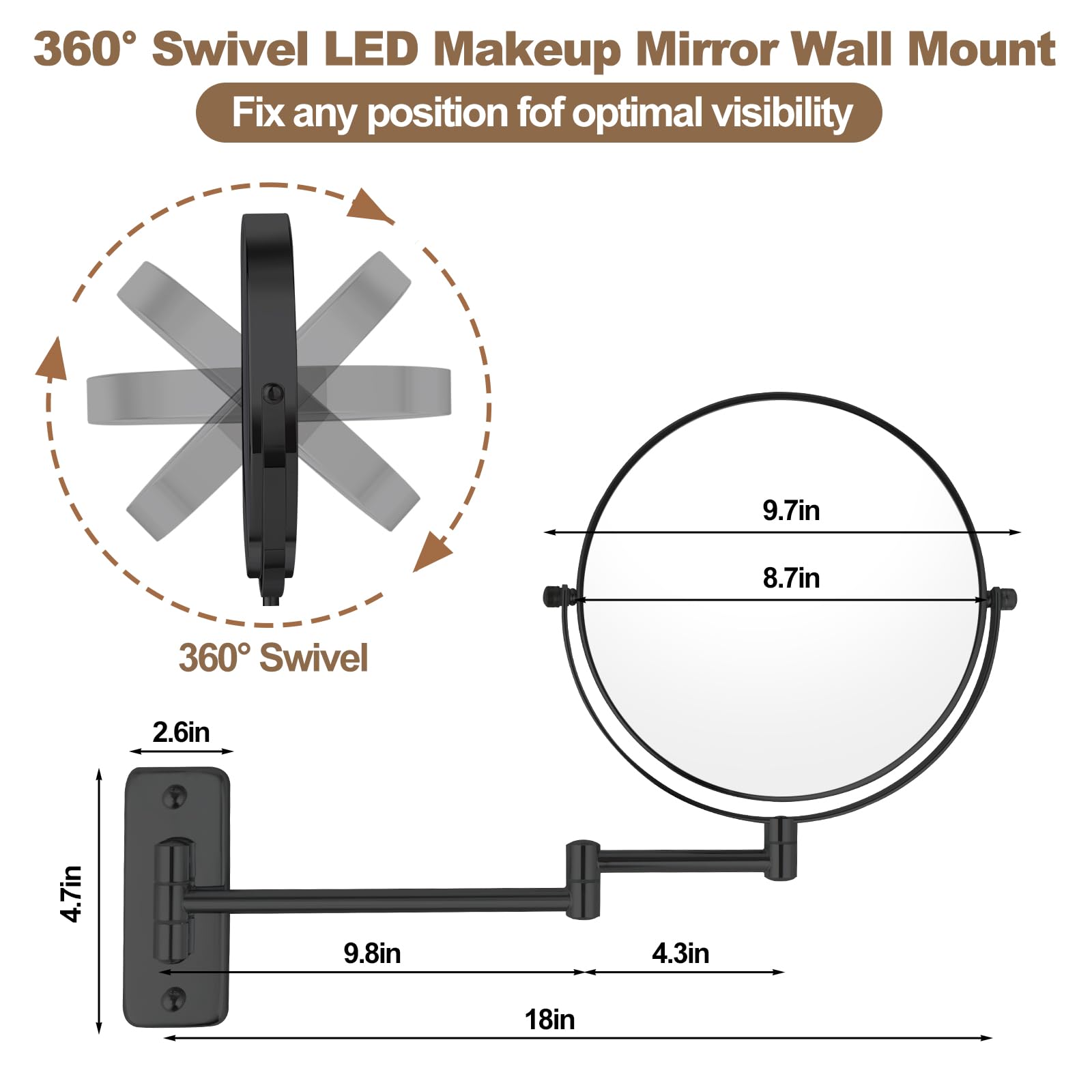 Espejo de maquillaje montado en la pared de 8 pulgadas con aumento de 10X, espejo de afeitado de doble cara para baño, espejo de tocador extensible giratorio de 360° con brazo ajustable para uso