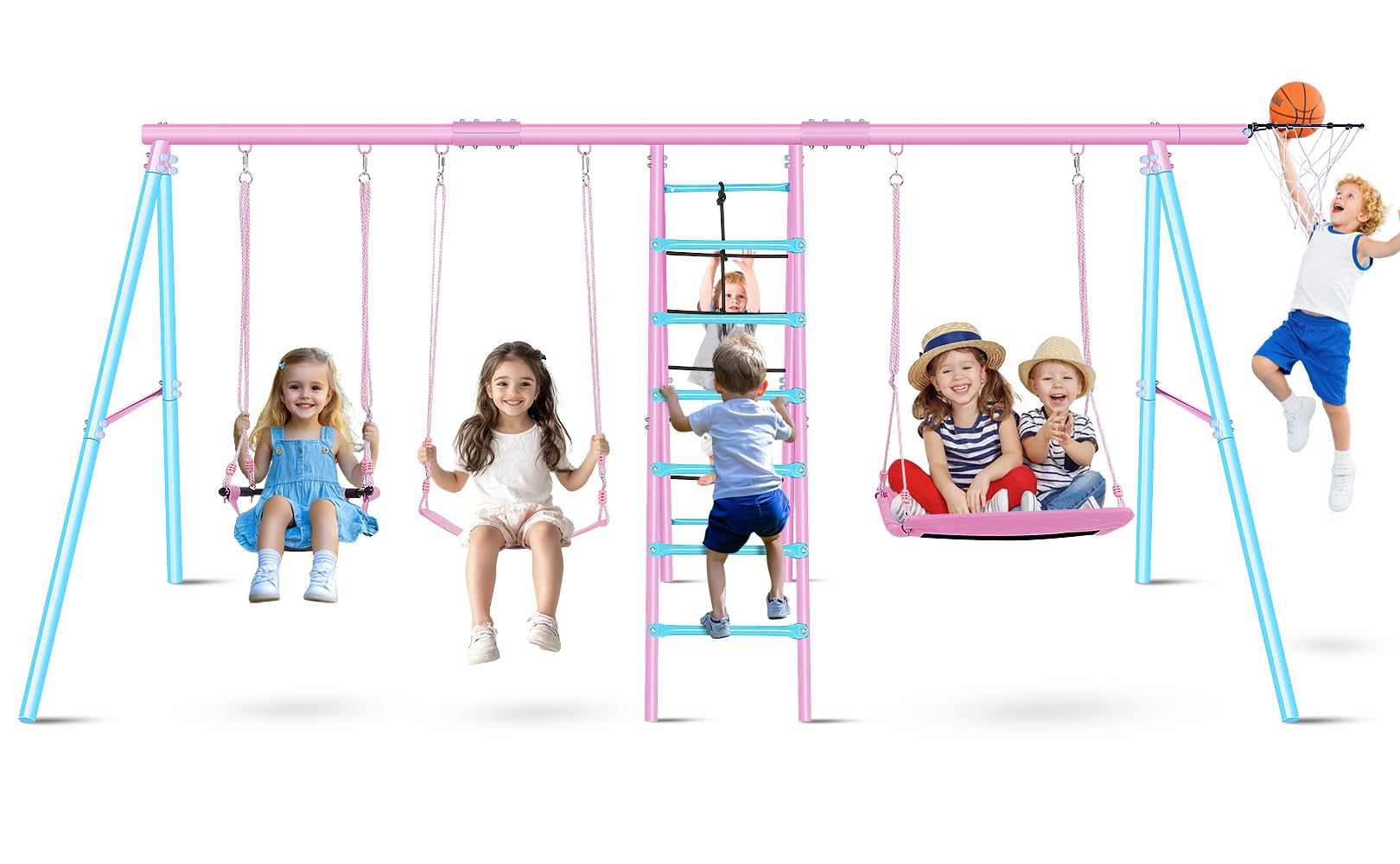 Kids Swing Sets for Backyard 700 lbs - 6 in 1 Multifunction Swing Set Outdoor for Playground, Larger Heavy Duty Metal Swing Stand with 3 Adjustable Swings, Climbing Ladder and Net, Basketball Hoop Swing Set 3 Seats 700 lbs (Pink)