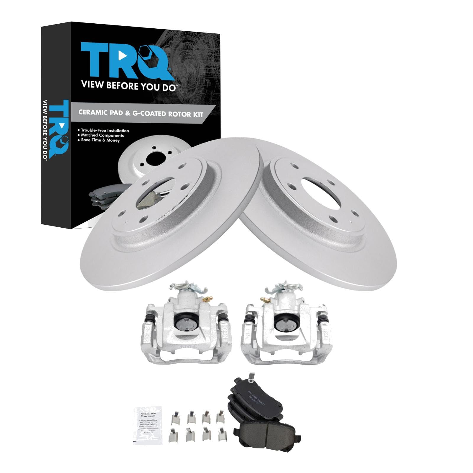 TRQ Rear Brake Pad and Rotor Set Ceramic Coated Calipers Compatible with 2012 Ram Cargo Van Volkswagen Routan