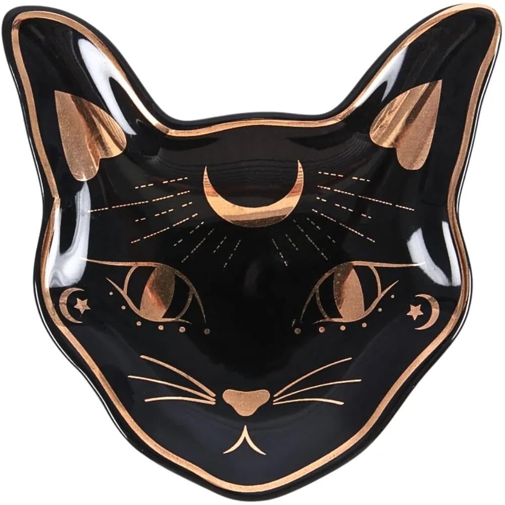 Mystic Mog Cat Face Trinket Dish With Accent Small Black/Gold