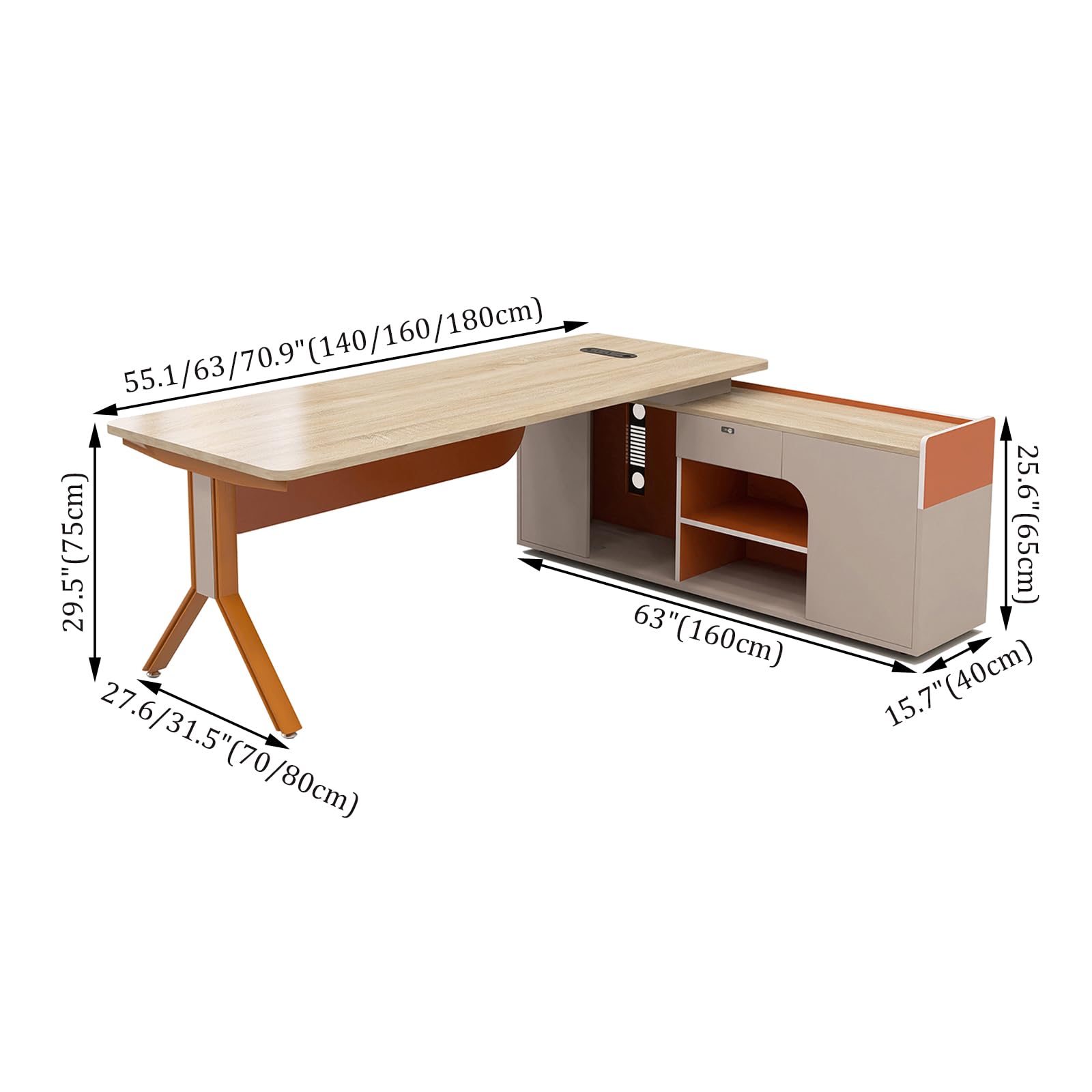 Scrivania direzionale moderna con prese integrate, cassetto di sicurezza per scrittura e raccoglitore laterale, slot per unità di lavoro professionale (140 x 70 cm, C (destra))