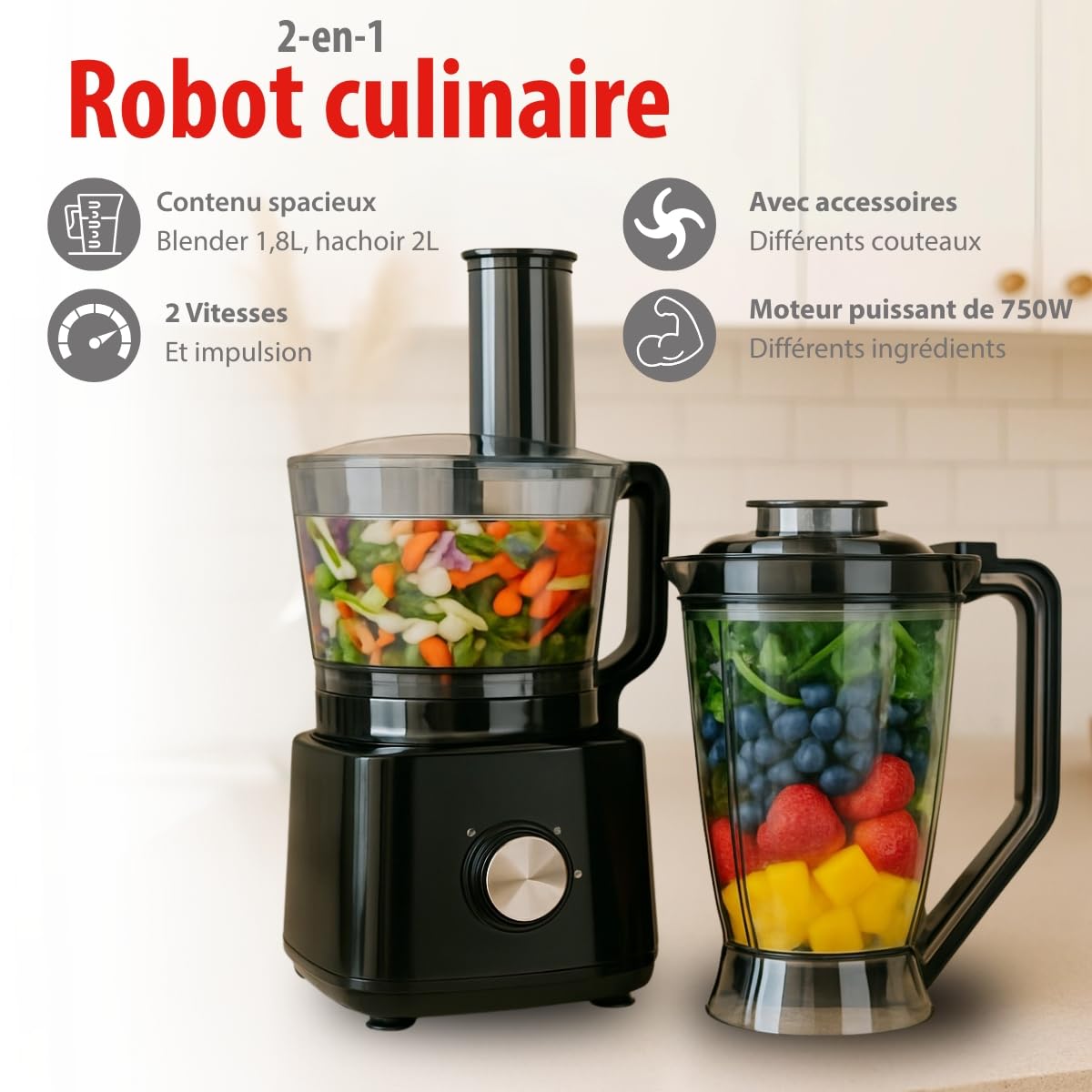 alpina Robot Cuisine FP413GS - Blender Smoothie 1.8L - Robot Multifonctions avec Lames et Râpes - Hachoir Électrique et Pétrin - 750W - Noir