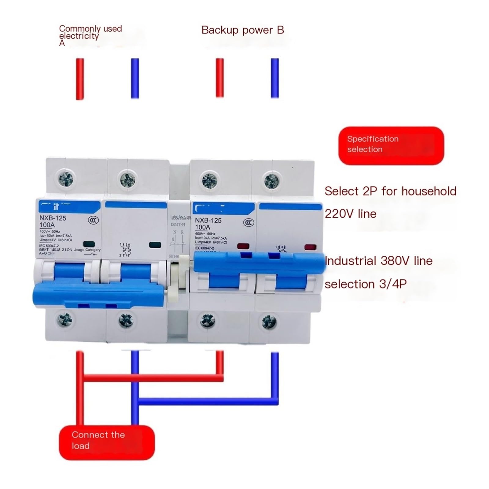 Interruptor de Conmutación de Bloqueo de Conversión de Potencia Doble Interruptor de Aire 220 V Disyuntor 80 A 100 A 125 A (125A)