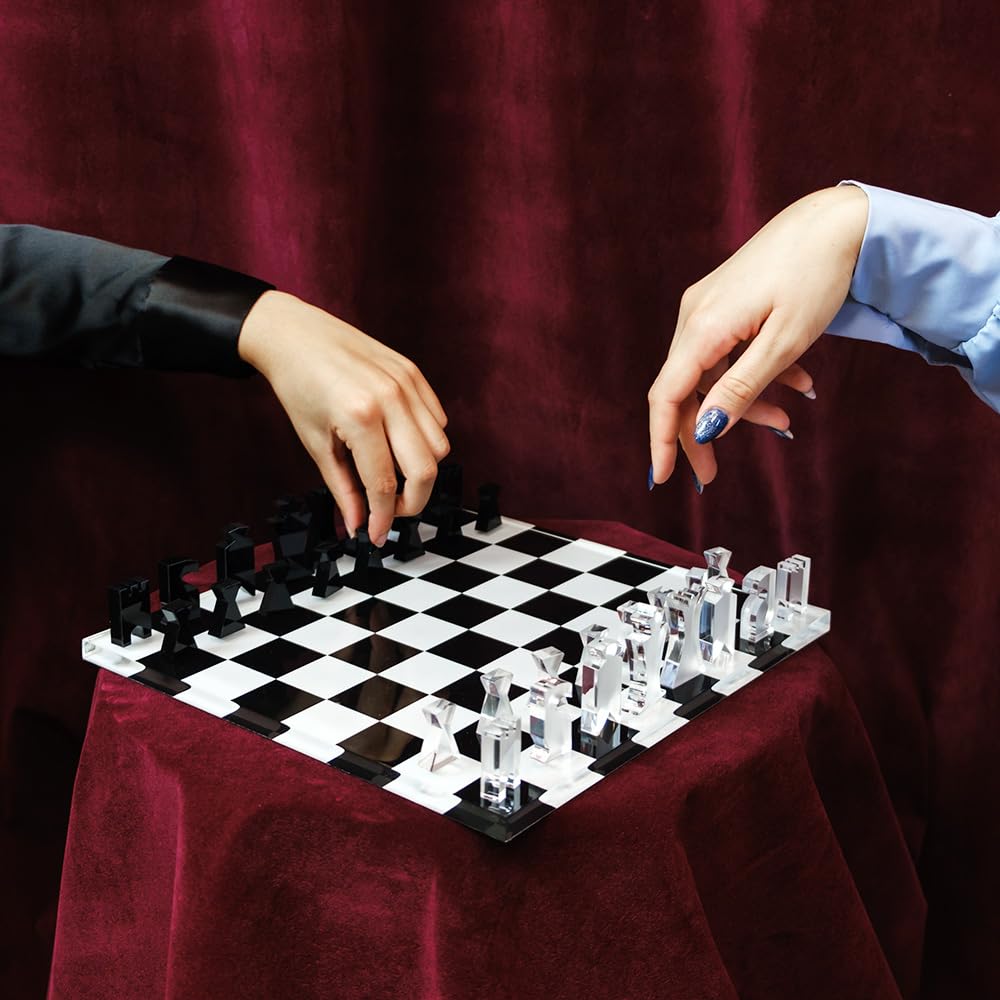 Schach- und Damenset - Schachbrett und Spielsteine enthalten - Weiß und Schwarz - Acrylglas Siebdruck - 30 x 30 cm - Geschenkidee - Made in Italy