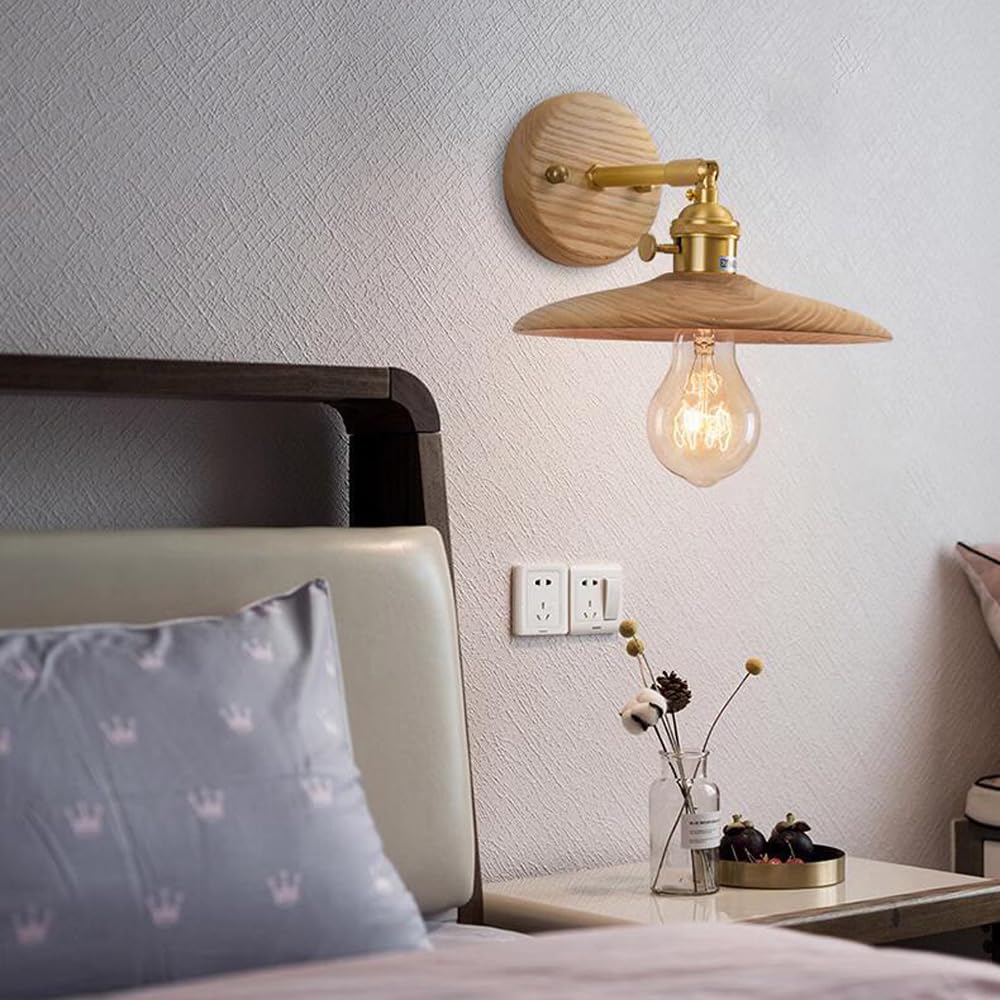 Applique da Parete in Legno Moderno di metà secolo, Braccio Dritto Regolabile in Ottone, Lampada da Parete per Camera da Letto, Piccola Lampada da Parete Rustica Vintage, Lampada da Comodino, SOG