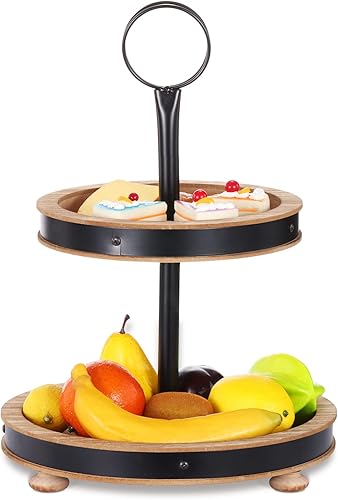 Miniatura 8 de Urban Deco Bandeja de madera escalonada de 3 niveles bandeja decorativa de granja soporte redondo de madera para magdalenas con mango de metal
