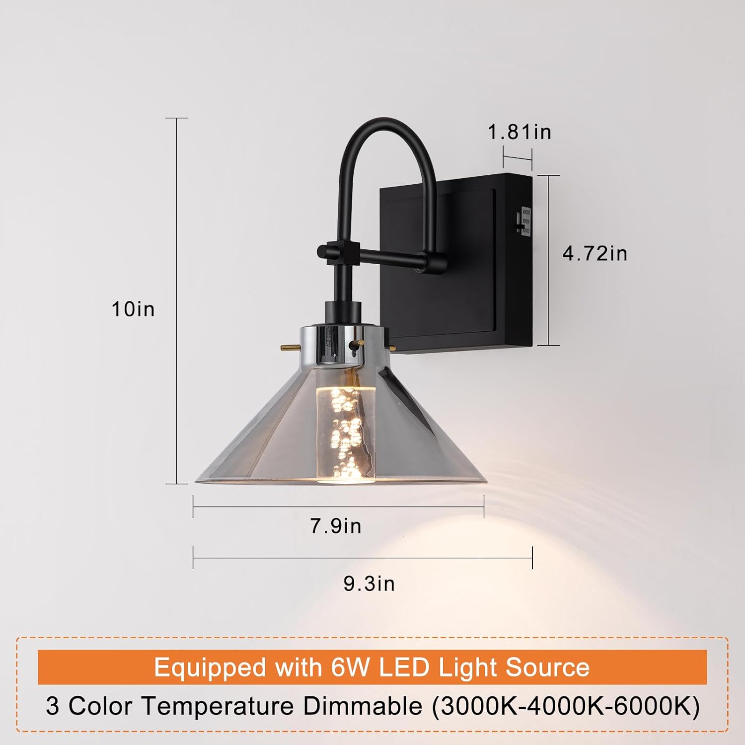 Wall Sconce Hardwired, Modern LED Black Wall Lamp, 6W 3 Color Temperatures 3000K-4000K-6000K, Wall Light Fixture with Smoked Gray Glass Shade for Bathroom Bedroom Living Room