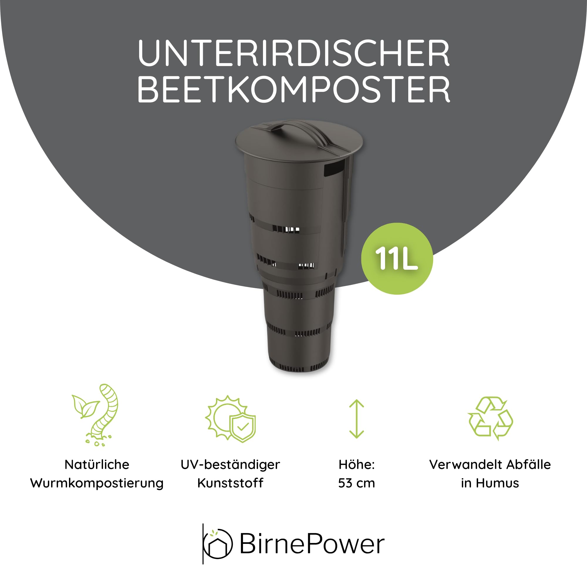 Unterirdischer Beetkomposter 11L für Garten & Hochbeet | Wurmkomposter zum Eingraben 53cm | Effektive Kompostierung von Küchen- & Gartenabfällen | Mit Deckel & Einsatzkorb, langlebiger Kunststoff