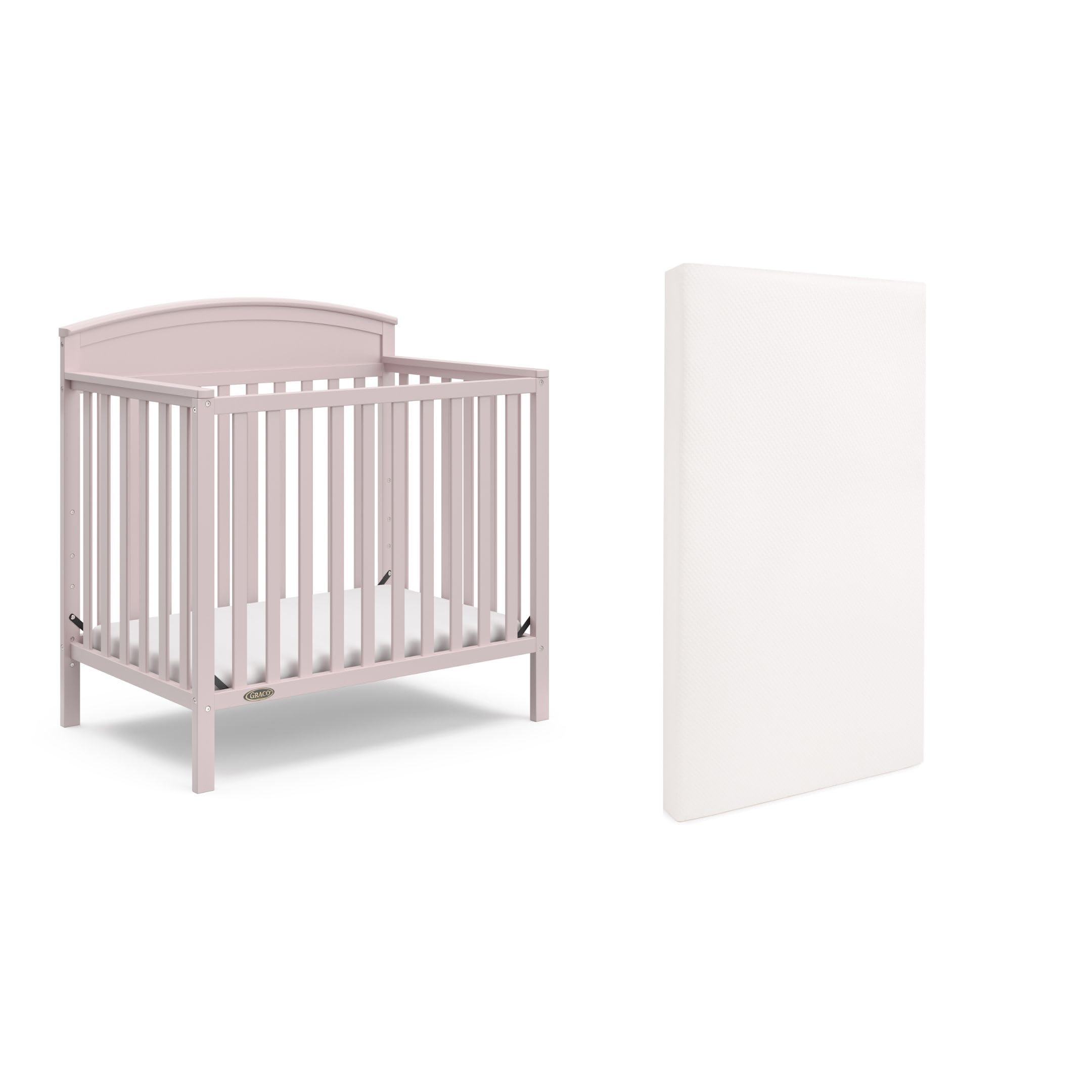 Graco Benton 4-in-1 Convertible Mini Crib with Bonus Crib Mattress (Blush) – GREENGUARD Gold Certified, 2.75-Inch Mattress Included, Baby Crib
