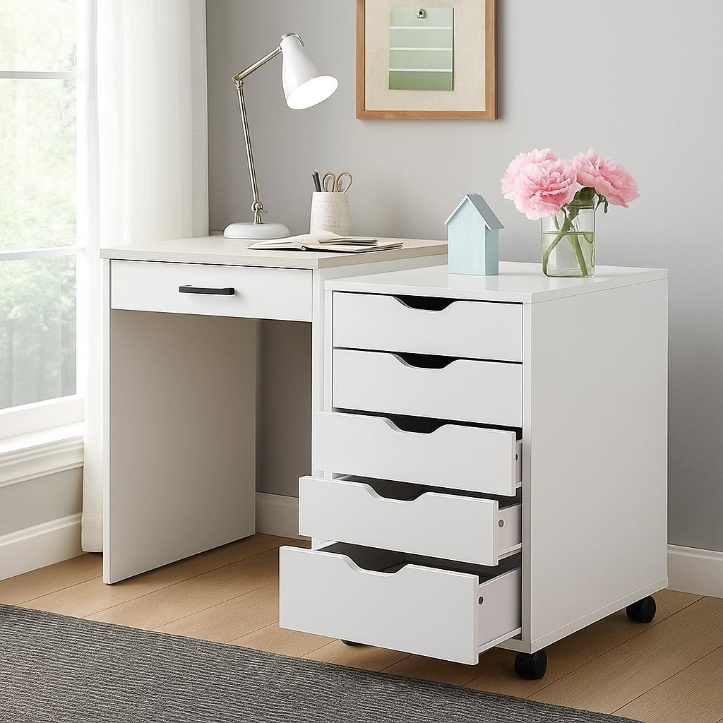 Ergode Wood Halifax 5-Drawer Cabinet - White, Solid Beech Wood, Easy Assembly, 20lbs Weight Capacity, Vertical Design, Casters, Declutter & Organize