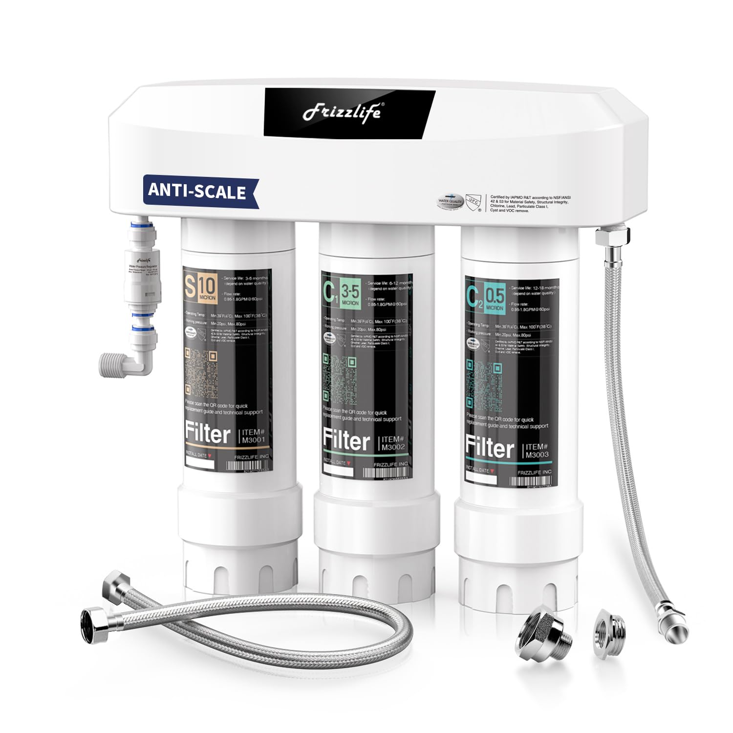 Frizzlife Untertisch Wasserfiltersystem, 3-stufiger 0,5 Mikron Filter gegen Chlor & Blei, NSF/ANSI 42&53 zertifiziert, Anti-Kalk-Technologie verlängert die Filterlebensdauer