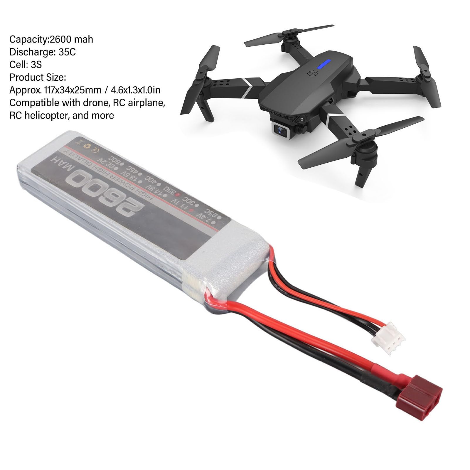 Batteria Lipo Li Polymer RC Lipo da 11,1 V, 35 C, 2600 mAh, per Racing Drone Quadcopter Elicottero, Aeroplano RC Barche RC Modelli (Connettore)