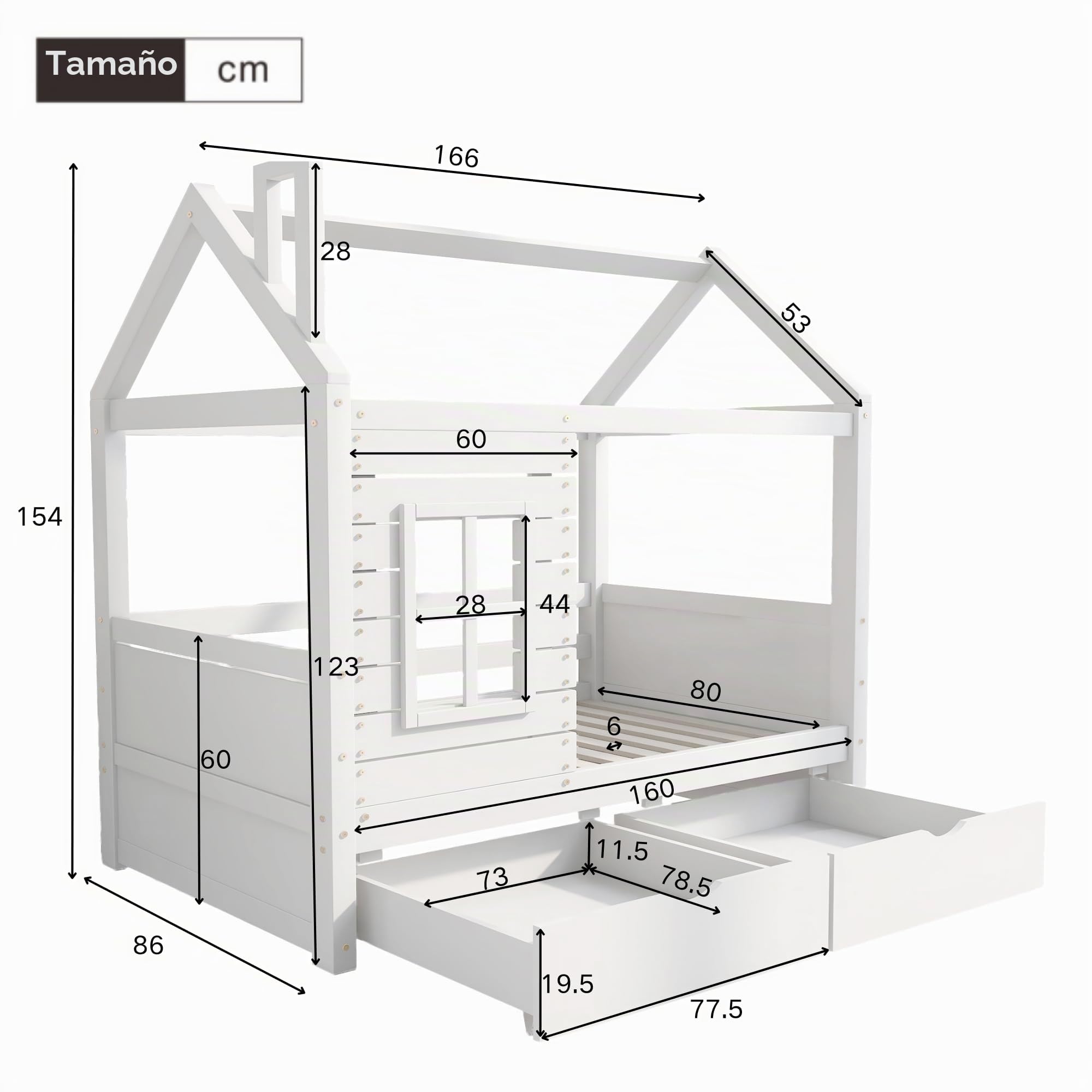 Cama infantil de 160 x 80 cm con protección anticaídas, versátil de madera maciza para niños, con ventana y somier, color blanco