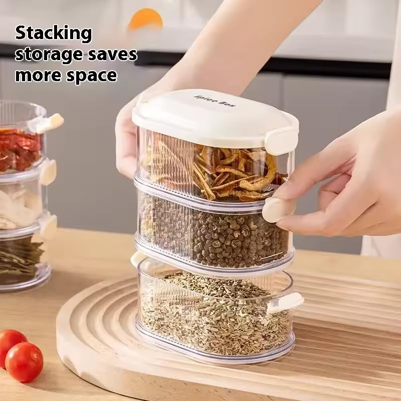 Image of Stackable 4-Layer Transparent Spice Storage Container - Multipurpose Airtight Organizer Box for Kitchen Herbs, Masala, Dry Fruits, Seeds, Space-Saving Plastic Jars with Locking Lids (1 Pack)