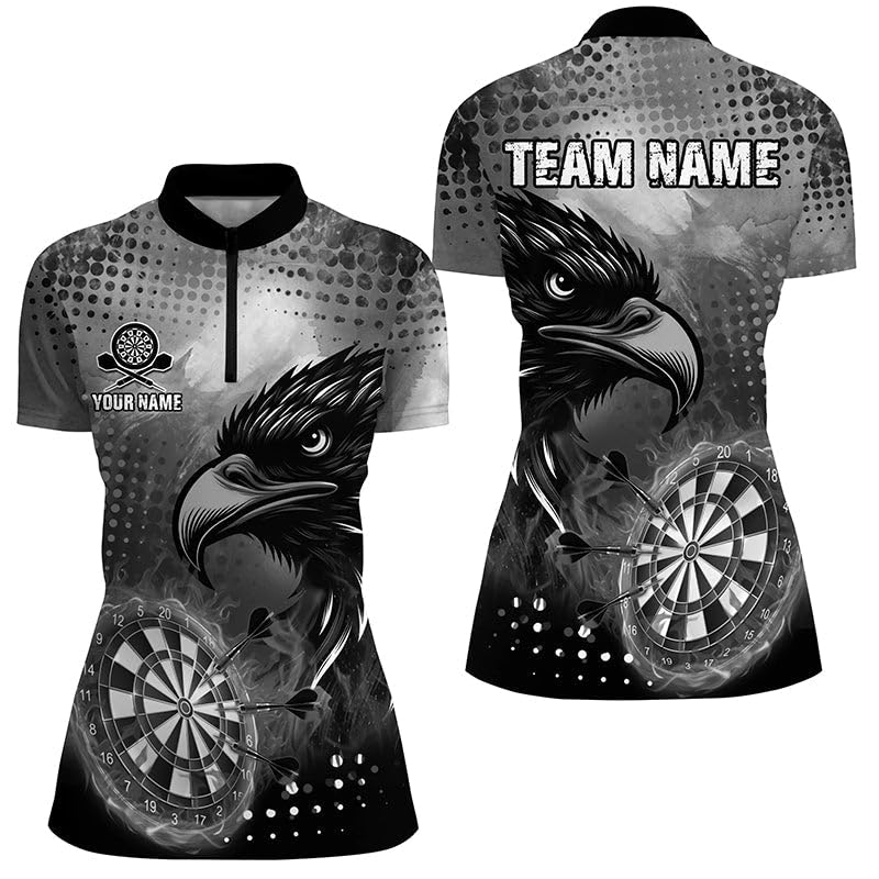 Personalisierte graue Dartboard-Feuer-Adler-Dartshirts für Herren & Damen, Coole Dart-Team-Trikots T1864