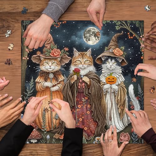 Rompecabezas para adultos de 1000 piezas: gatos brujas fantásticos con flores, escena mágica de otoño con calabaza y gatitos miniatura 7
