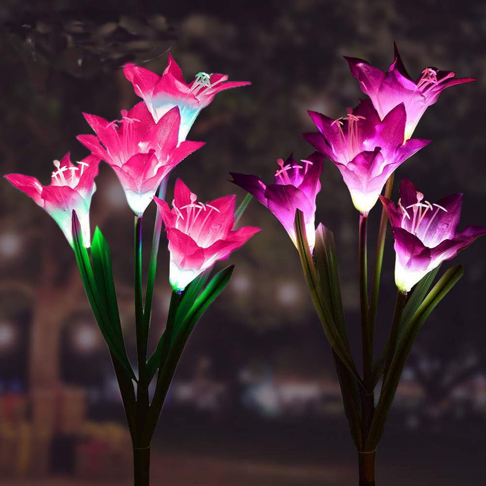 Ulalaza Solar Garden Outdoor Lights, 2Packs Solar Flower Lights Outdoor Color Changing Decorative Landscape Lawn Yard Stake Patio Lily Lights Solar Powered (White & Purple)