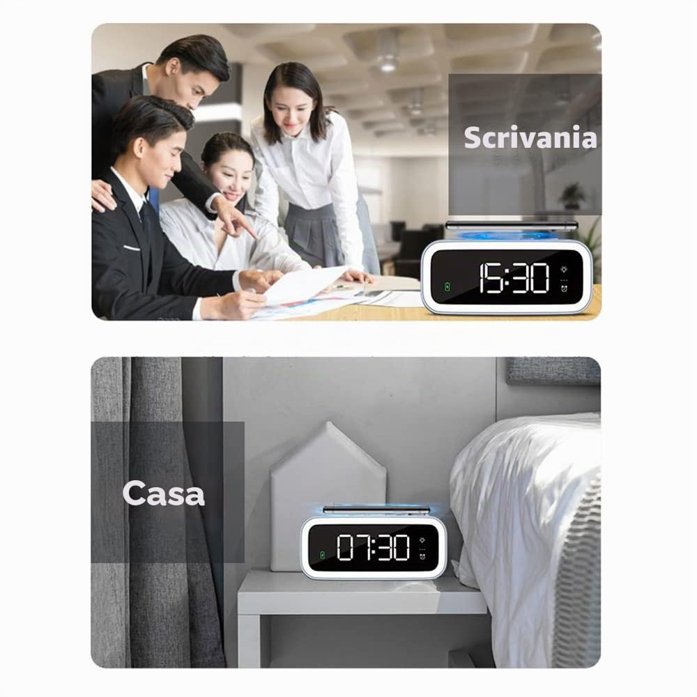 Radiosveglia con USB e Caricabatterie Wireless per Auto Home Office, Sveglia a Ricarica Rapida 15W con Funzione Luce Notturna, Bianco Scuro