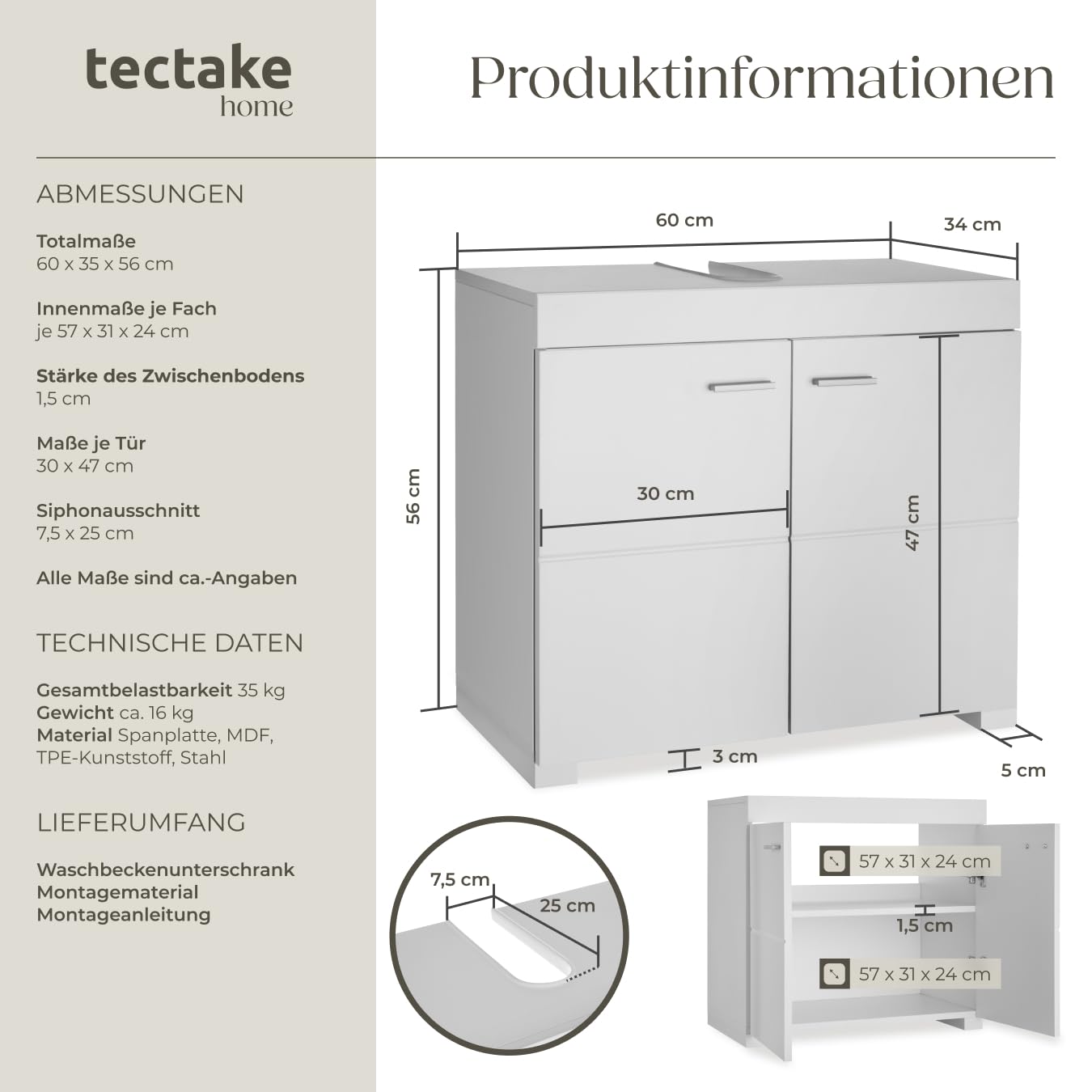 tectake® Waschbeckenunterschrank, Waschtisch Unterschrank, Badschrank für unter Waschbecken, Spüle, Schrank Möbel Badunterschrank, Waschtischunterschrank für Badezimmer & WC, Badmöbel - weiß