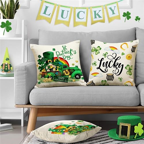 Miniatura 5 de NIGHTWISH Juego de 4 fundas de almohada de 18 x 18 pulgadas, decoración del día de San Patricio, trébol de la suerte, diseño de trébol, juego de 4