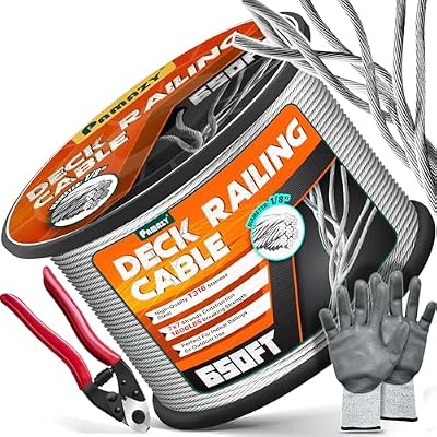 650FT 1/8” T316 Premium Stainless Steel Deck Cable Railing Kit with Cutter & Gloves, 7x7 Strands Construction, Cable Railing Hardware System, Stair Railing, Wire Rope Aircraft Cable for Hanging