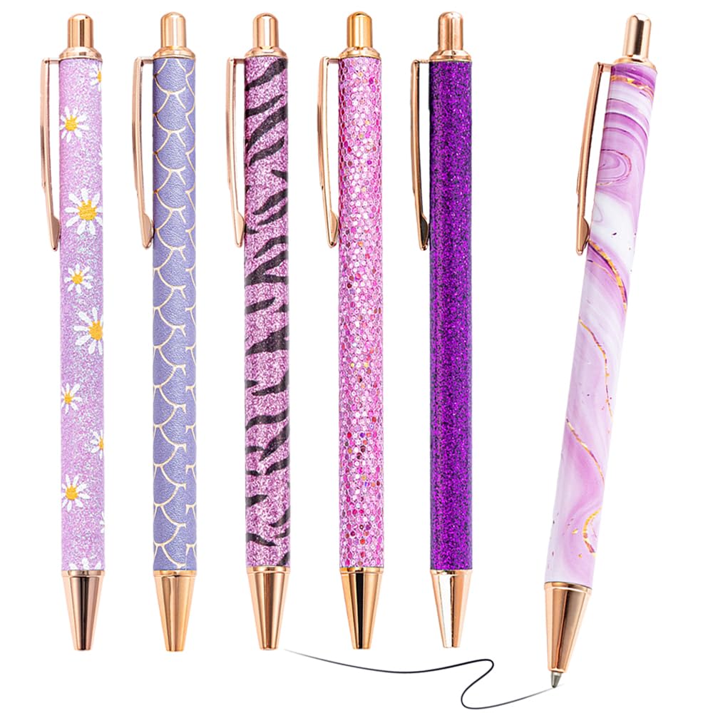 Belegao 6PCS Ballpoint Pens for Women Purple Set - Bling Metal Ball Point Pen Black Ink Fancy Retractable 1.0mm Smooth Writing for Teachers Mother Birthday Womens Day Gifts, Home Office School โ image 1
