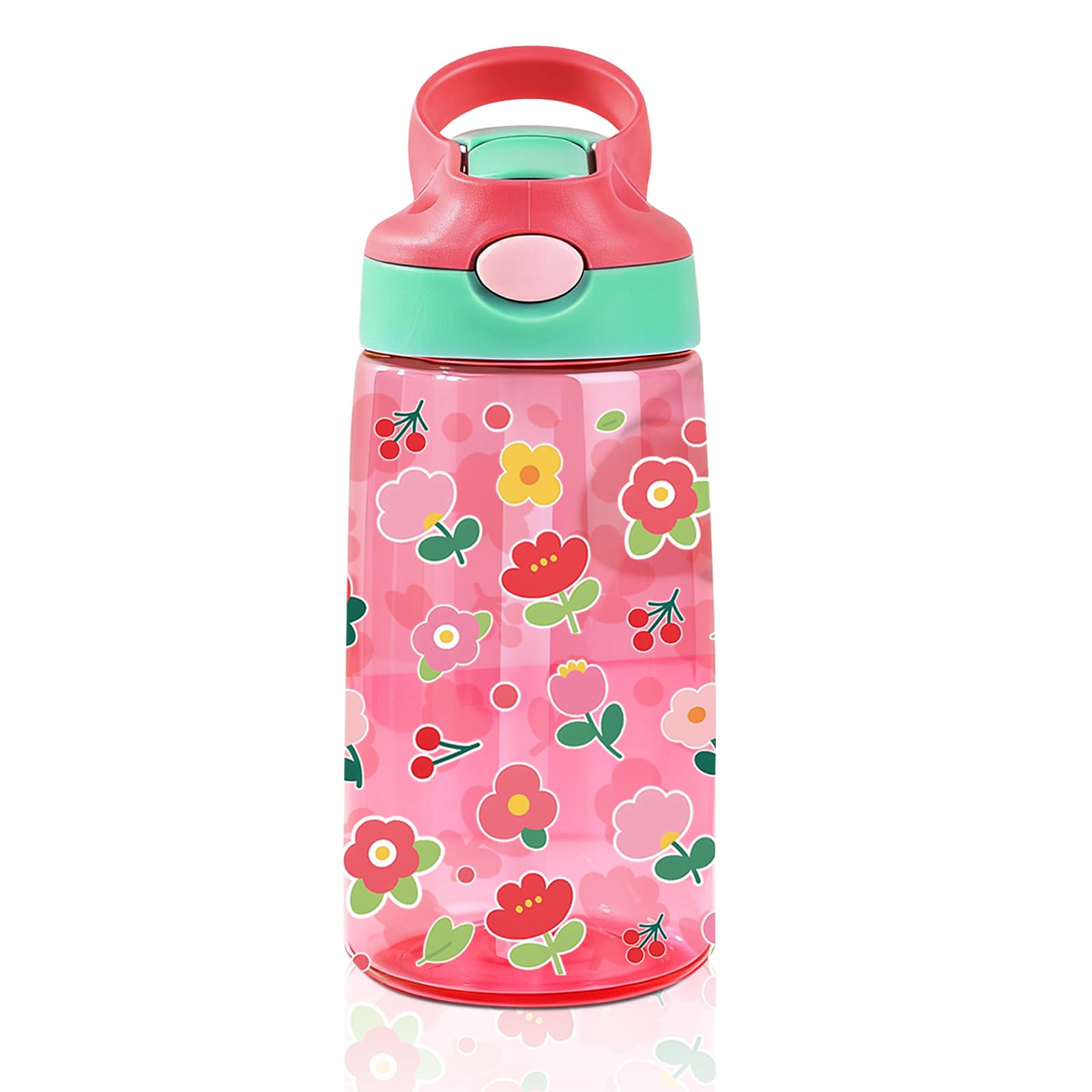 14oz Florals Kids Water Bottle with Straw Lid - Colorful Flowers Water Bottles for Kids, Leakproof, Lightweight, Durable Plastic Bottles for School, Pop-Up Straw Cover, Gift Cup for Girls(Flower)