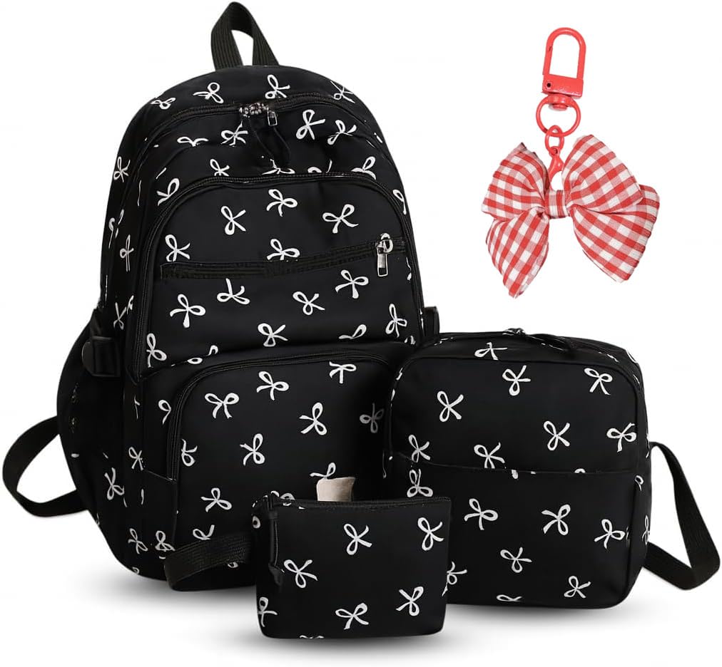 Coquette Bow Backpack – Cute Pink Aesthetic Backpack for Girls, Kawaii Preppy Style 3Pcs Set (Black White)